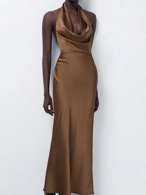 Brown Satin Halter Dress with low back, Sz S